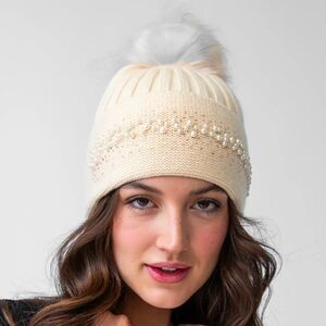 NWT New Adrienne Landau Pearl Trim Pom-Pom Knit Wool Blend Beanie Hat Ivory OS